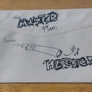 A rough sketch of a kazoo with operational instructions. Crude writing suggests madness at work.